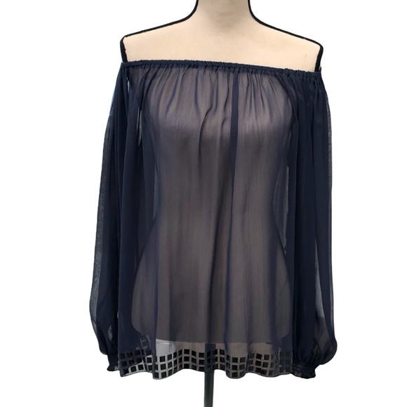 VIE TA VIE NAVY SALLY BLOUSE OFF-THE-SHOULDER SEMI SHEER TOP WITH SCARF/BELT - Picture 10 of 14